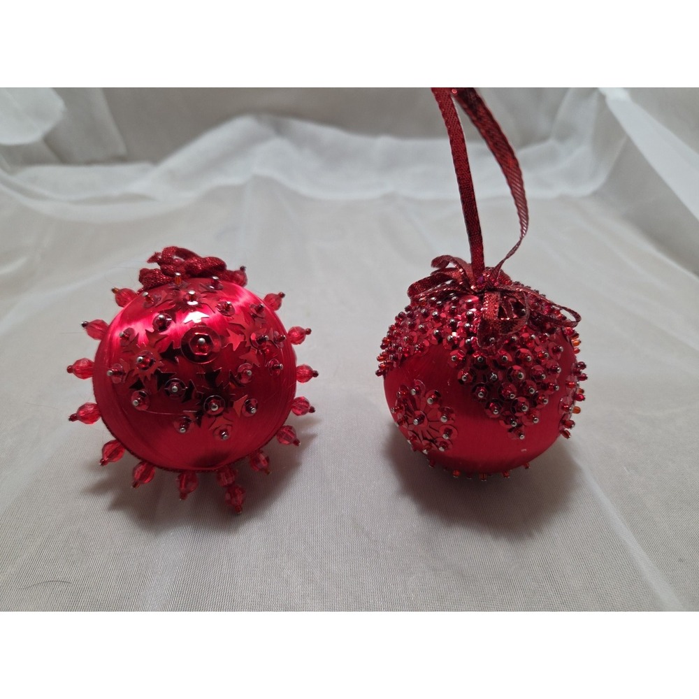 Set of Vintage Handmade‎ Red Satin Christmas Ornaments with Sequins and Beads